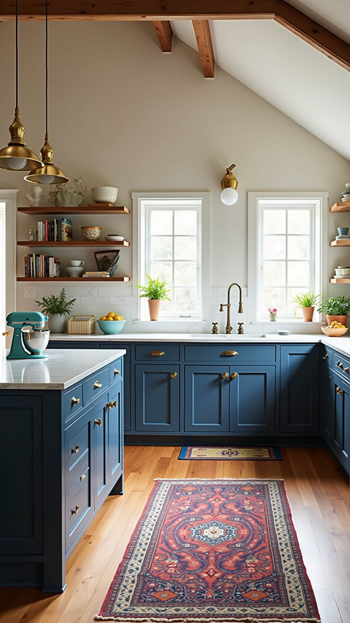 Spacious kitchen with navy blue shaker cabinets, white marble island, exposed wooden beams, and early morning sunlight streaming through large windows.