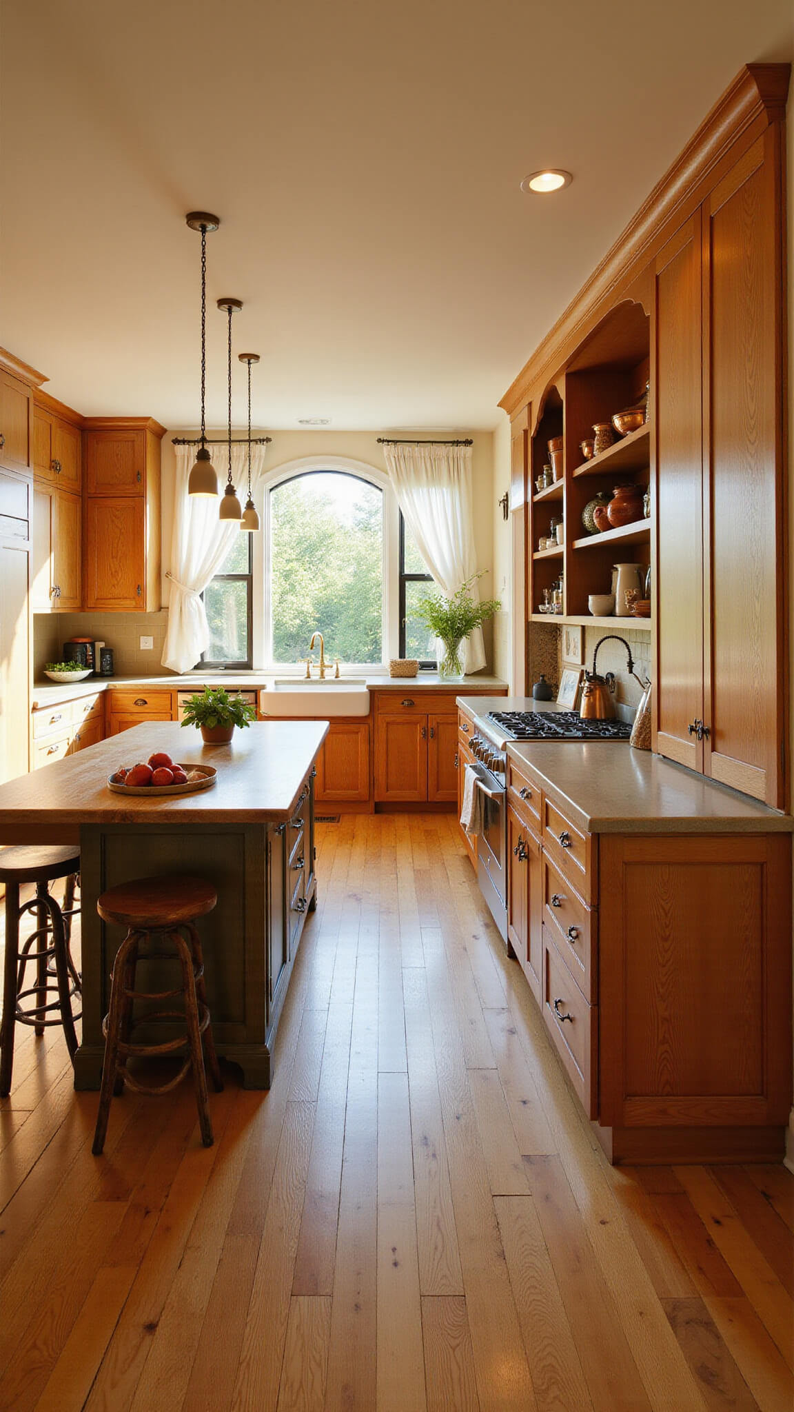Warm, sunlit farmhouse kitchen with honey-stained cabinets, a rustic wood island, and vintage decor seen from an elevated doorway angle.
