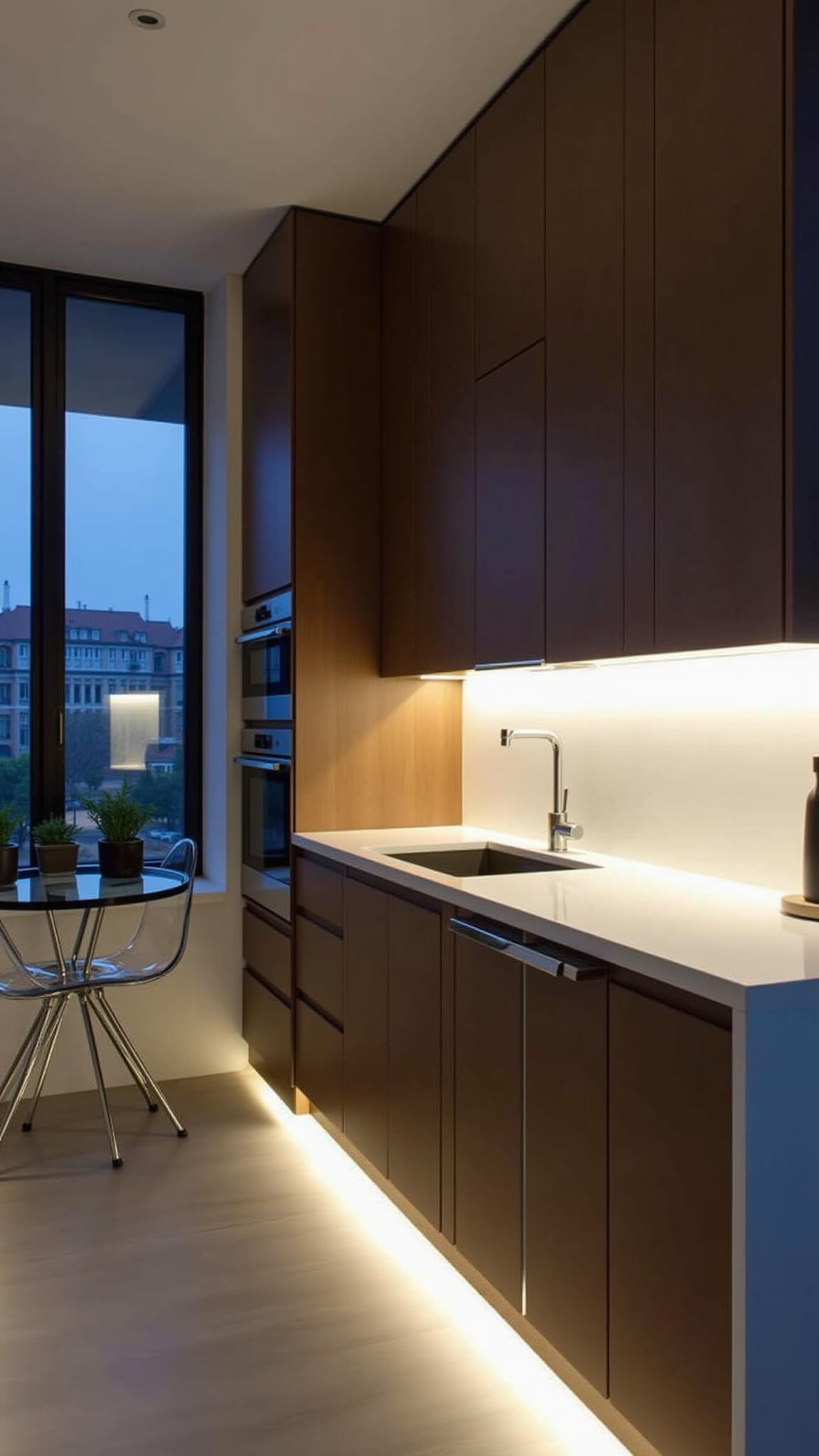 Modern 10x12 ft kitchen at twilight with espresso cabinets, concrete countertops, LED under-cabinet lighting, stainless steel appliances, a glass breakfast table, and potted herbs on the windowsill.