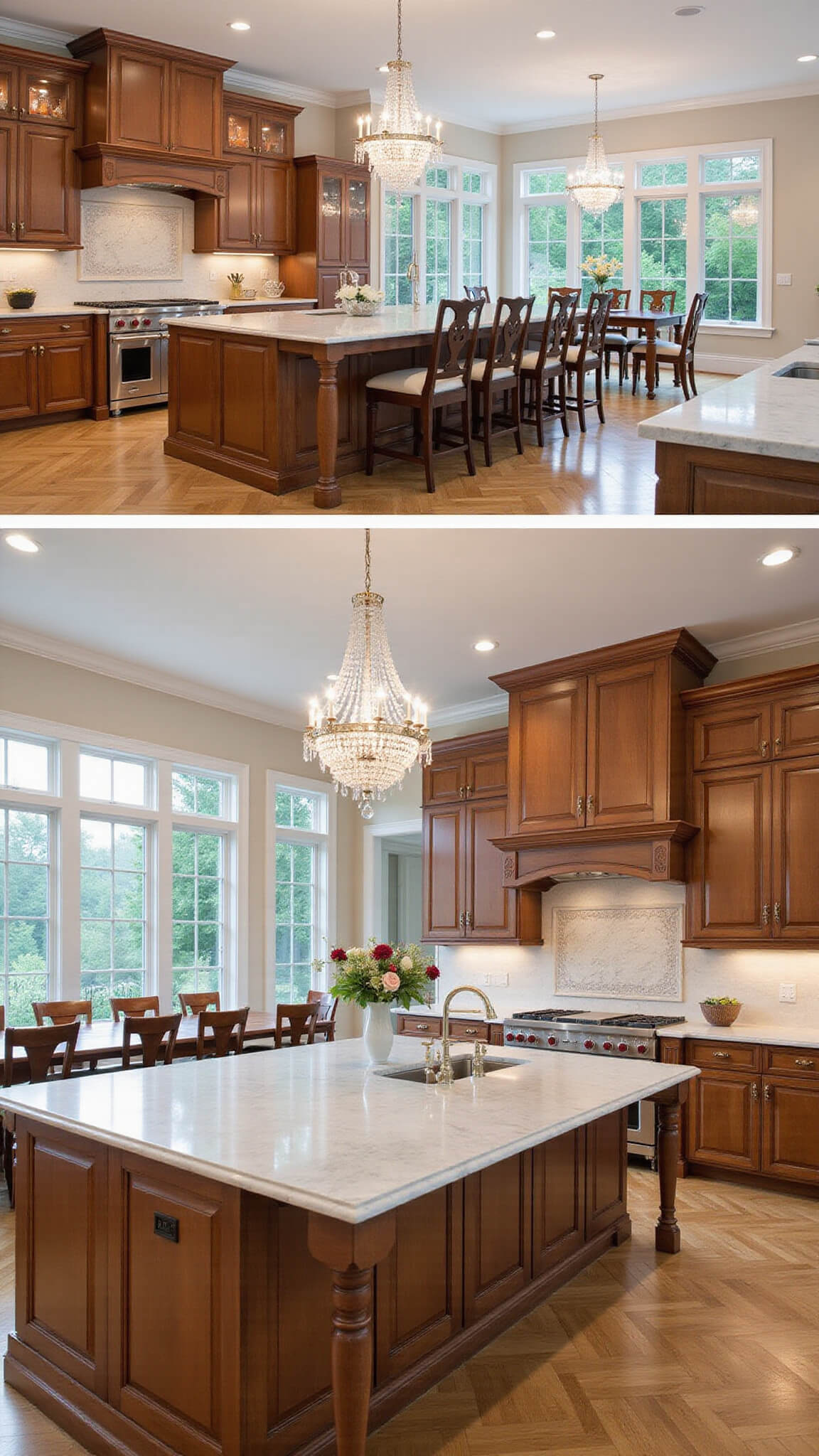 Elevated view of a spacious 20x25 ft open-concept kitchen and dining area bathed in early morning light, featuring cherry cabinets, a Carrara marble island, crystal chandeliers, herringbone hardwood flooring, and a formal dining table set with fine china.
