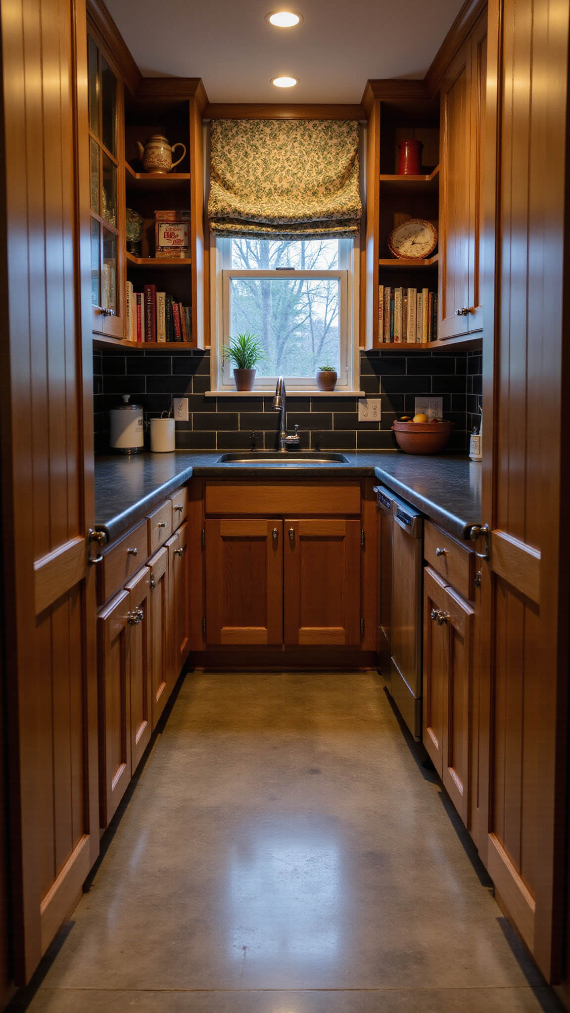 Cozy 8x10 ft galley kitchen at dusk with slate-stained shaker cabinets, soapstone countertops, charcoal subway tile, open shelving, and warm recessed lighting.