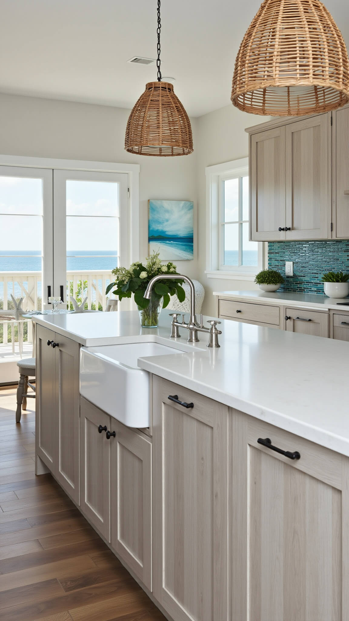 Coastal kitchen with driftwood gray cabinets, white quartz countertops, blue-green glass tile backsplash, center island with rattan pendant lights, and French doors opening to a beachfront patio.