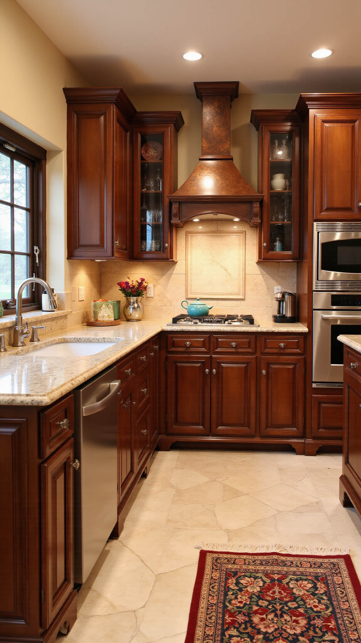 Elegant traditional kitchen with cherry cabinets, cream granite countertops, hammered copper range hood, crystal hardware, antique Persian rug, and ambient evening lighting.