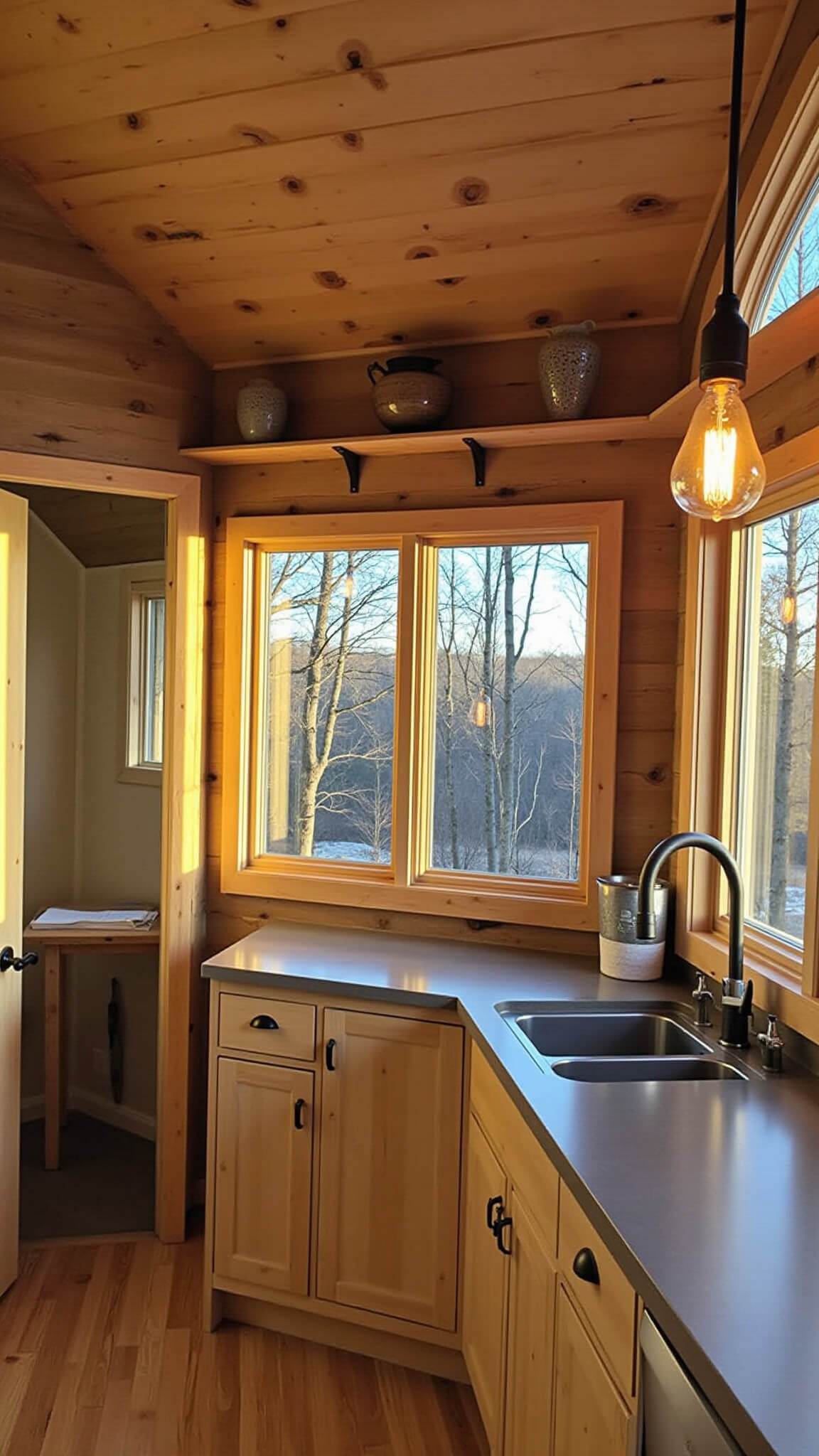 Rustic-modern kitchen with knotty pine cabinets, concrete countertops, and golden hour lighting highlighting wood and modern textures.