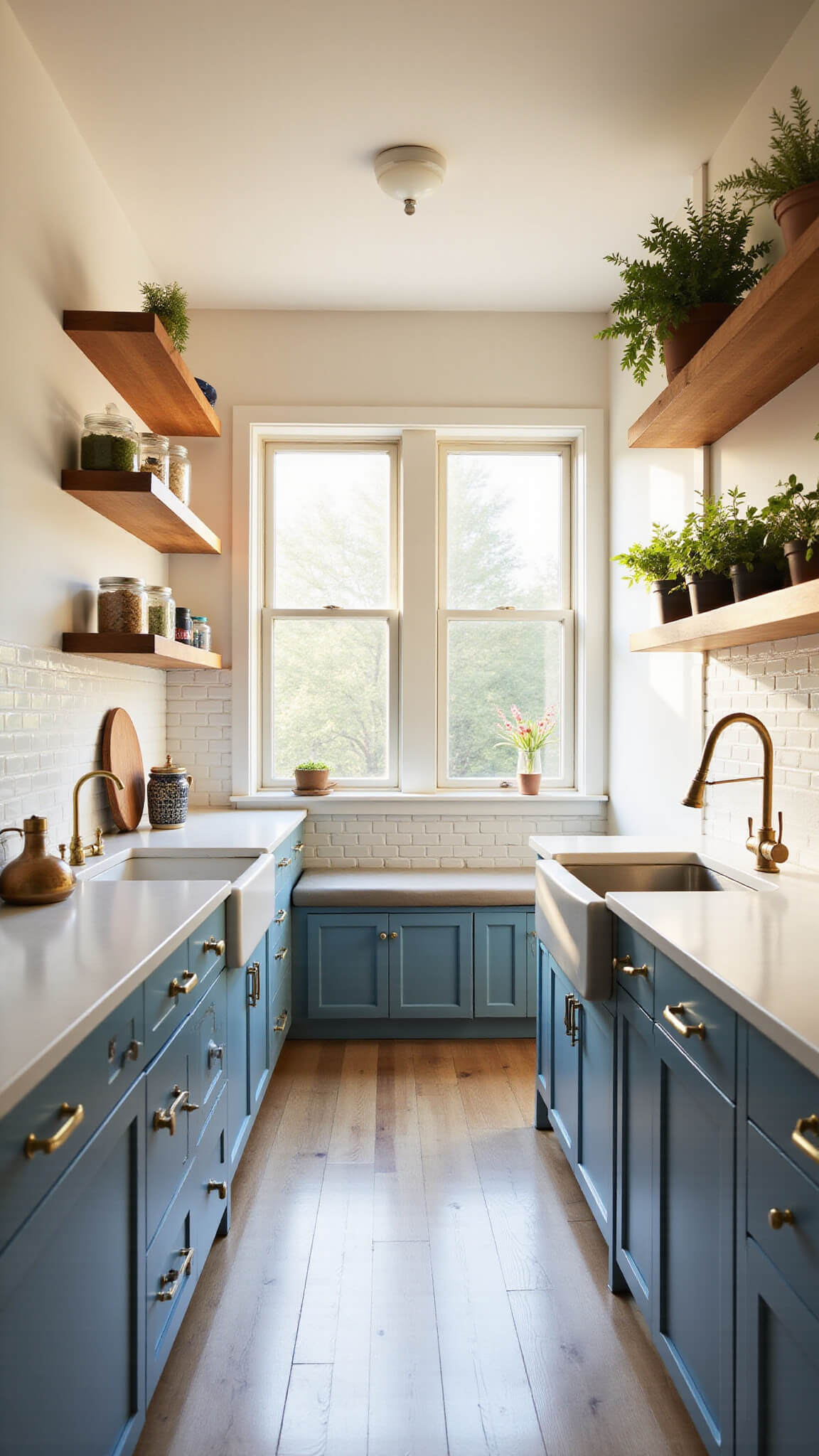 Powder blue galley kitchen with white quartz countertops, farmhouse sink, and golden hour lighting highlighting floating shelves and a cozy breakfast nook.