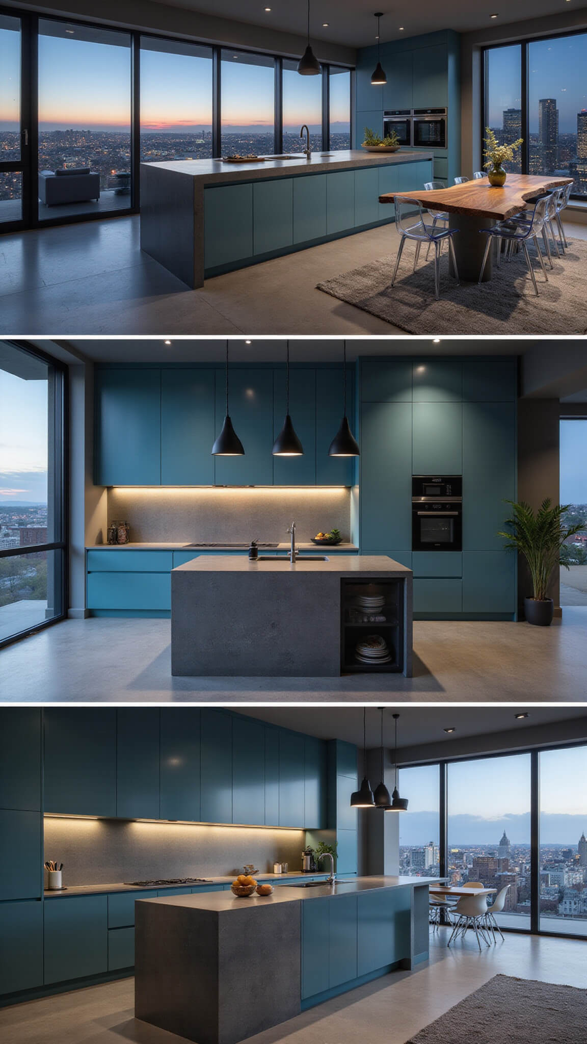 Modern open-concept kitchen-dining area with teal high-gloss cabinets, charcoal concrete island, live-edge dining table, and city view through floor-to-ceiling windows at twilight.