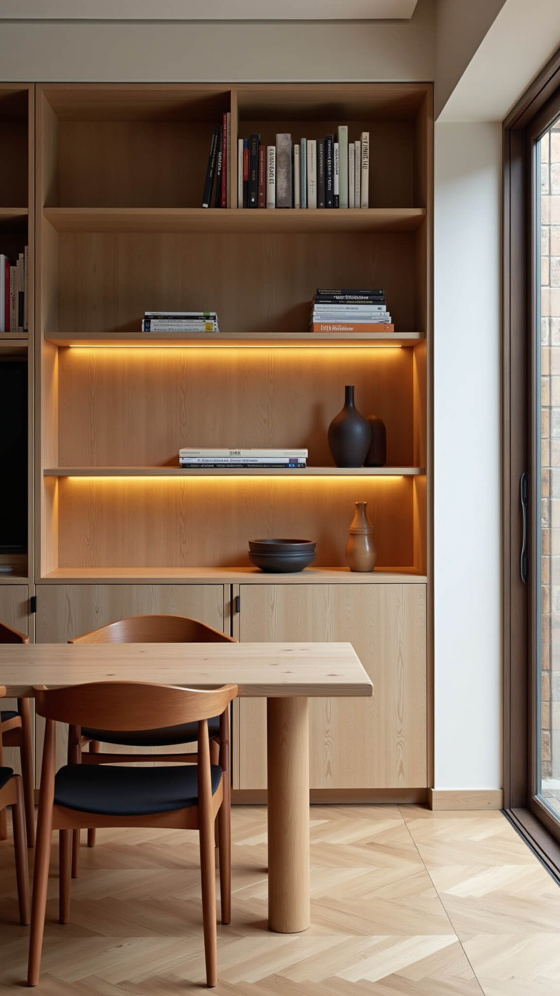 Scandinavian-Japanese fusion dining room with herringbone floors, light oak built-in bookshelves, vintage dining set, and warm LED dusk lighting in a 14x16ft space.