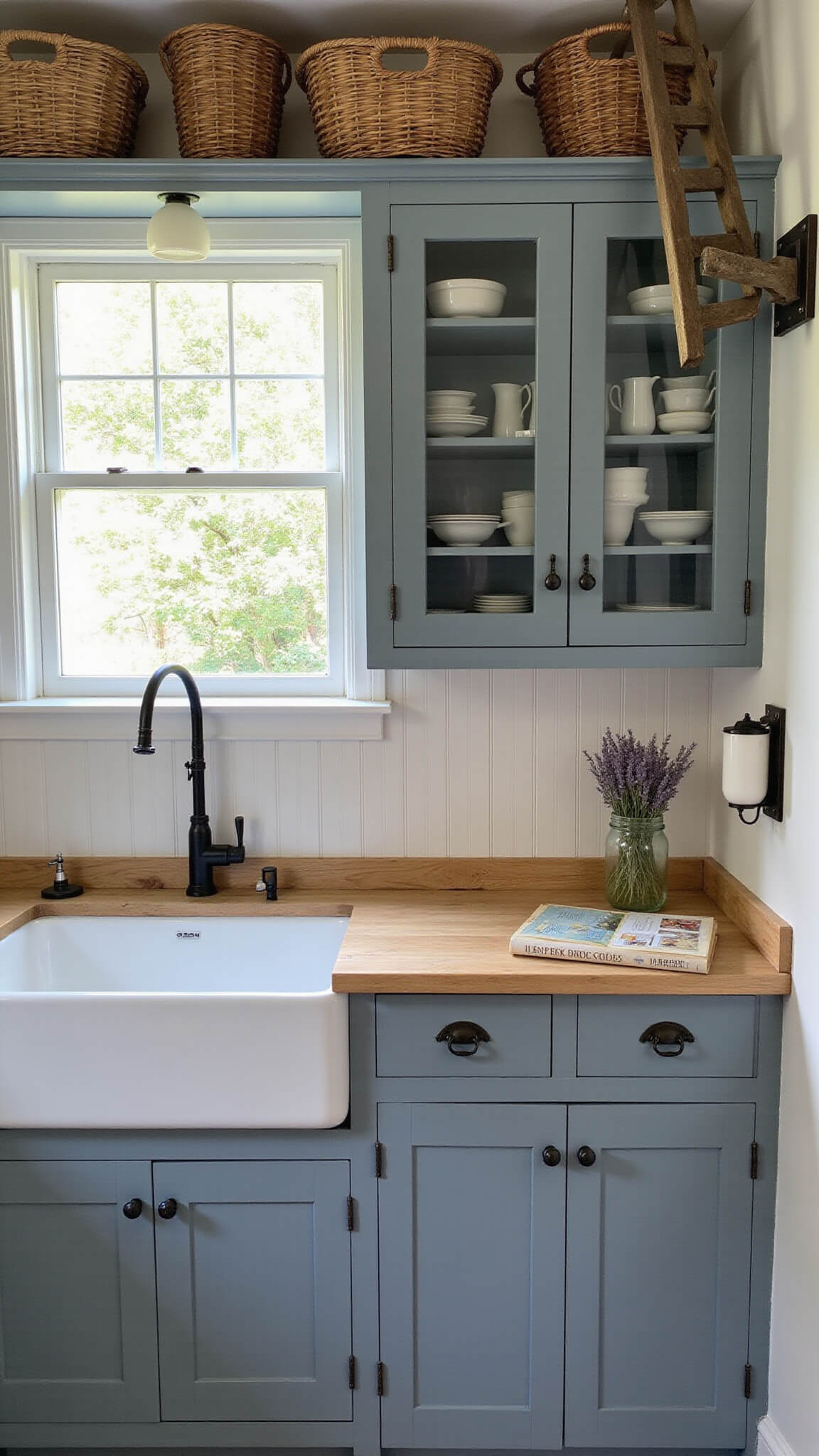 Cozy cottage kitchen with slate blue beadboard cabinets, farmhouse sink below garden-view window, butcher block counters, and vintage decor in soft morning light.