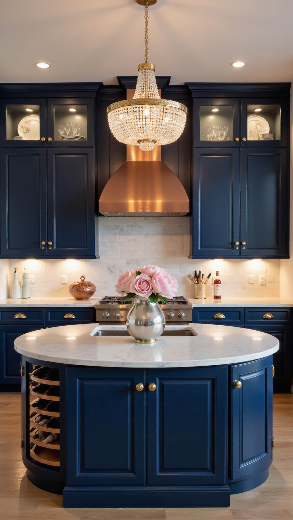 Elegant 14x16ft navy blue kitchen with gold hardware, marble surfaces, crystal chandelier over circular island, copper range hood, and ambient lighting at dusk.