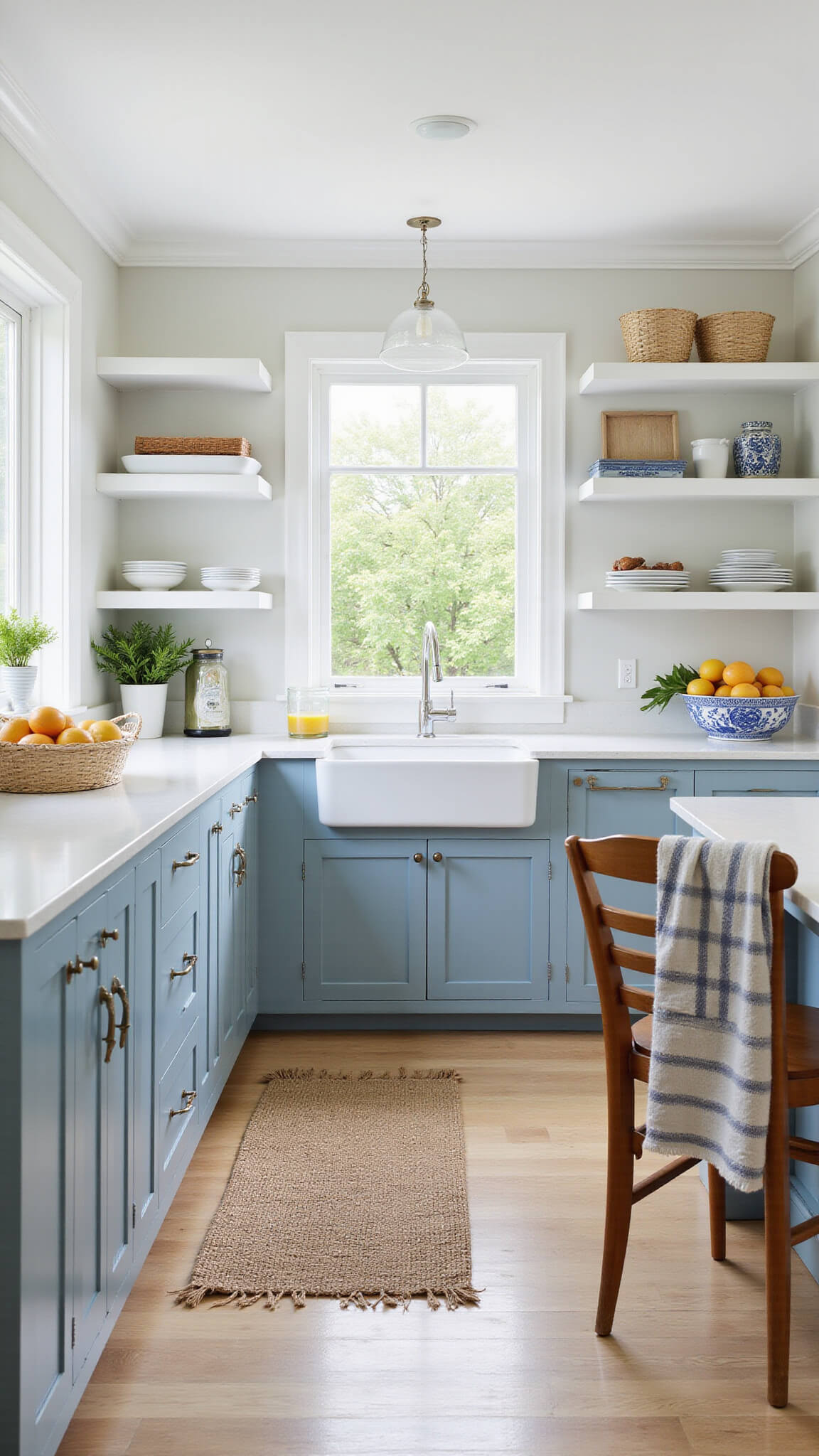 Bright, airy kitchen with powder blue cabinets, white open shelves, farmhouse sink, pale oak flooring, and citrus in a blue and white bowl.