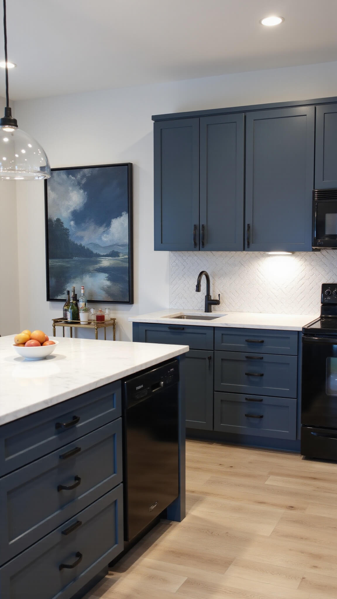 Modern 12x14ft kitchen with slate blue cabinets, white marble countertops, herringbone backsplash, matte black appliances, and waterfall island under evening lighting.