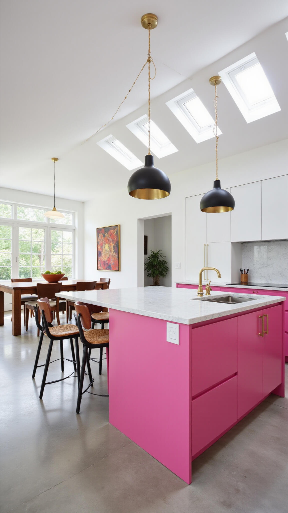 High-angle view of a modern 15x20 ft kitchen with vaulted ceilings, pink cabinets, white walls, quartz island with mid-century bar stools, brass fixtures, and skylights.