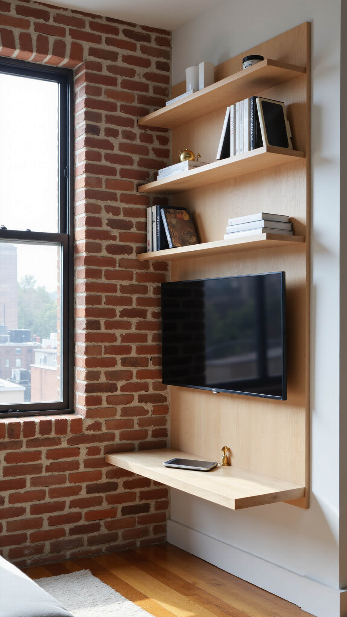 Compact Japandi-style urban apartment with multifunctional media wall, exposed brick, floating bleached oak shelves, and afternoon light streaming through dual windows.