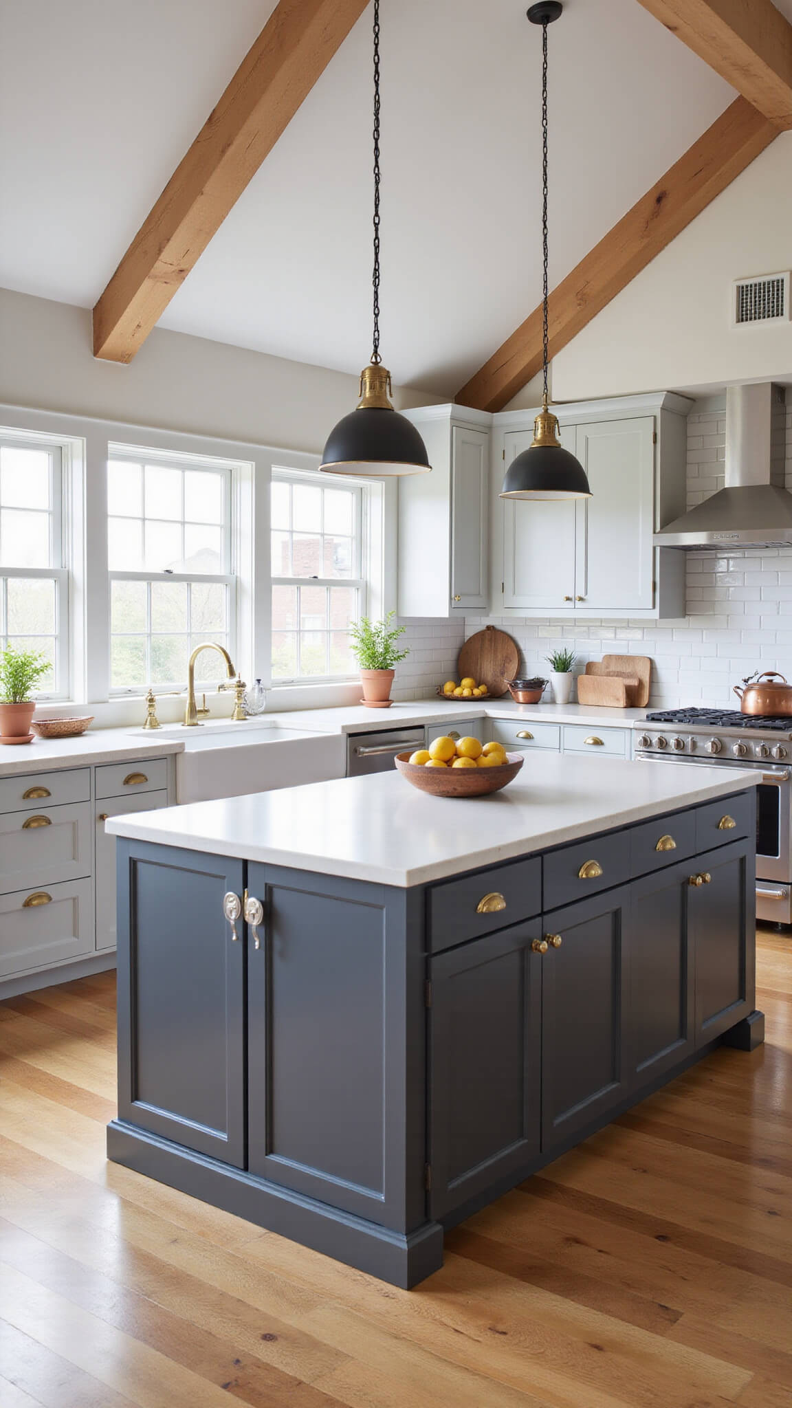 Bright 12x15ft kitchen with vaulted ceilings, gray shaker cabinets, central charcoal island, oak floors, and morning sunlight streaming through large windows.