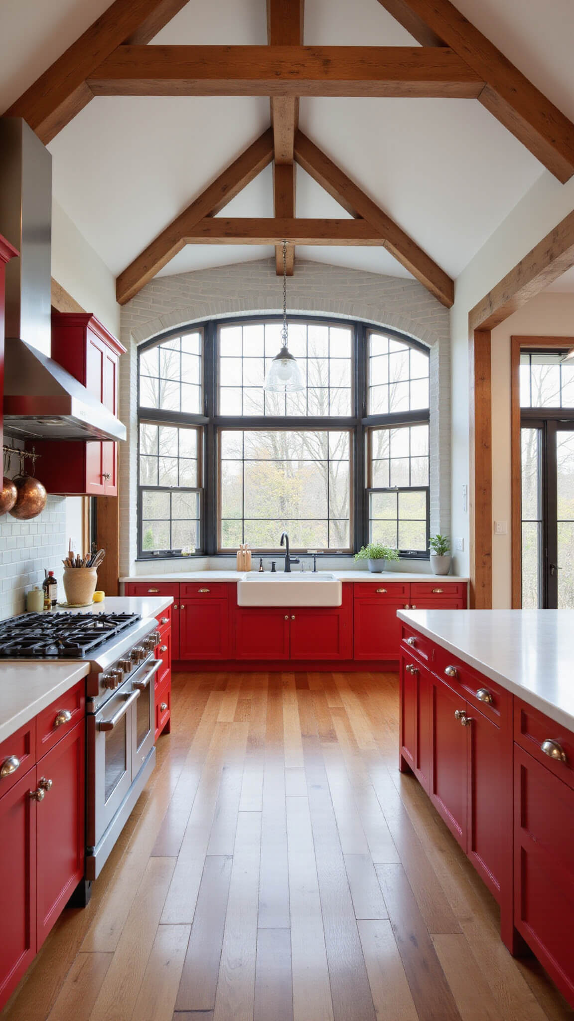 Spacious kitchen with vaulted ceilings, cherry red cabinets, central island with white quartz countertop, stainless steel appliances, wooden floor, gray subway tile backsplash, copper pots hanging above island, and sunlight streaming through large bay windows.
