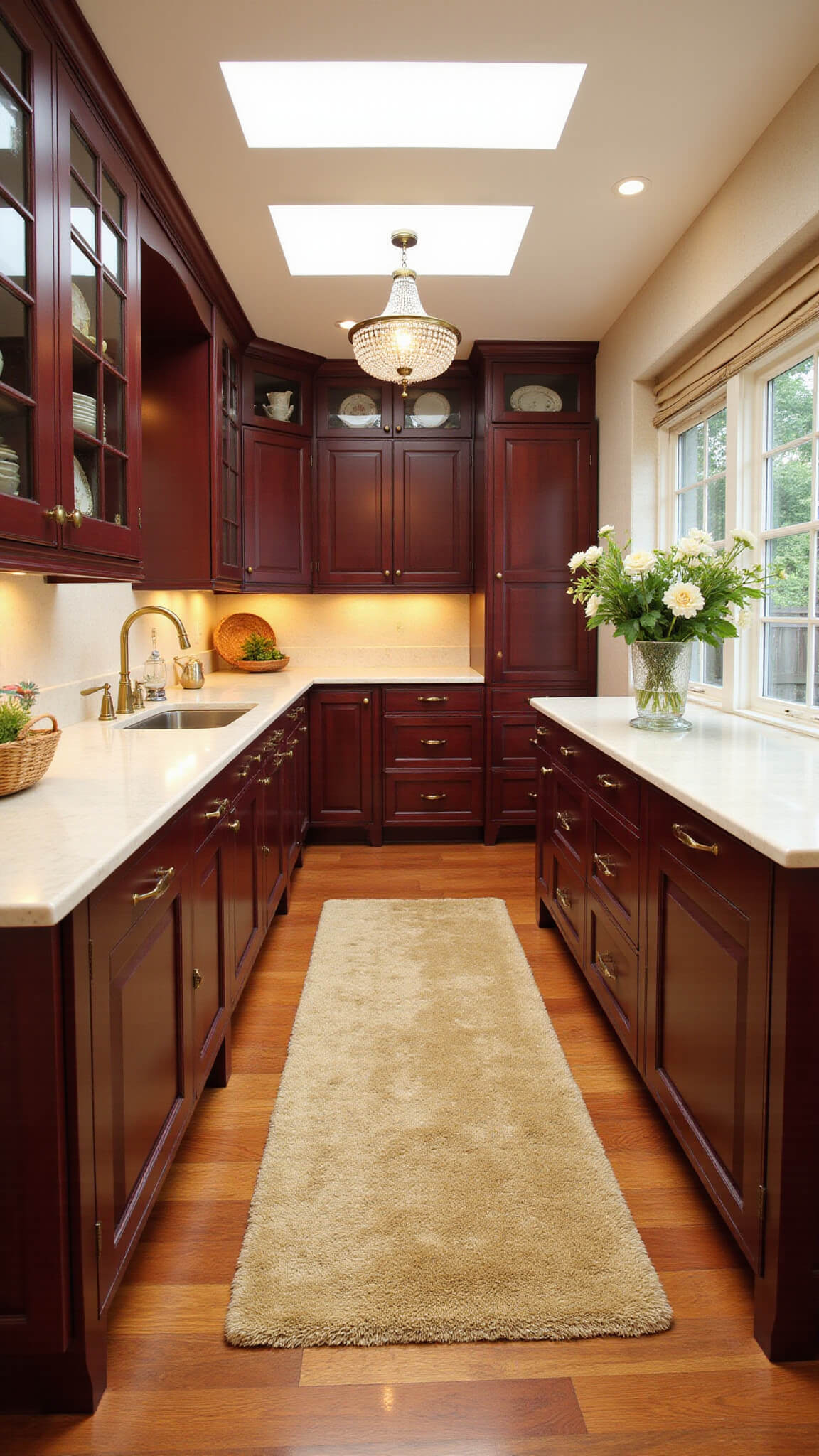 Elegant burgundy galley kitchen with marble countertops, brass fixtures, crystal vase of flowers, and warm skylight illumination.