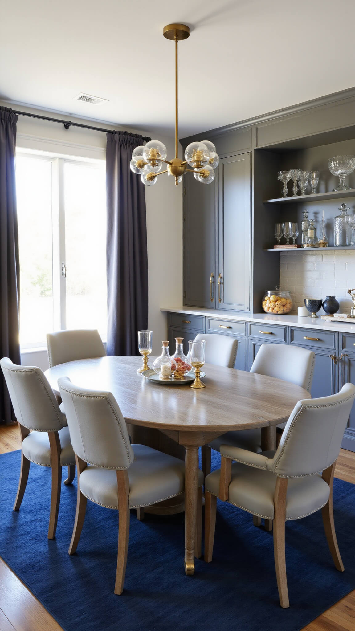 Elegant 10x12ft dining area with round gray table and six dove gray chairs on navy rug, bathed in golden hour light; built-in bar with glass shelves and crystal glassware framed by gray cabinets, brass chandelier overhead.