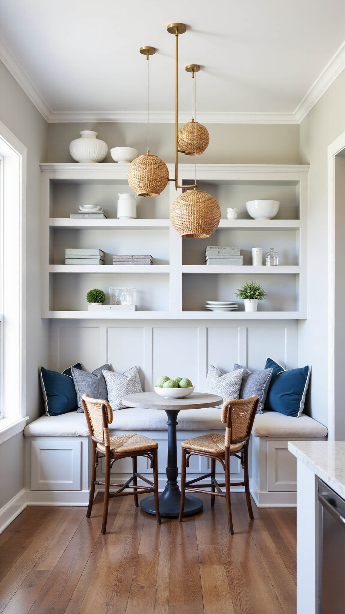 Cozy breakfast nook with gray built-in bench seating, white cushions, rattan chairs, and woven pendant lights, softly lit by morning light.