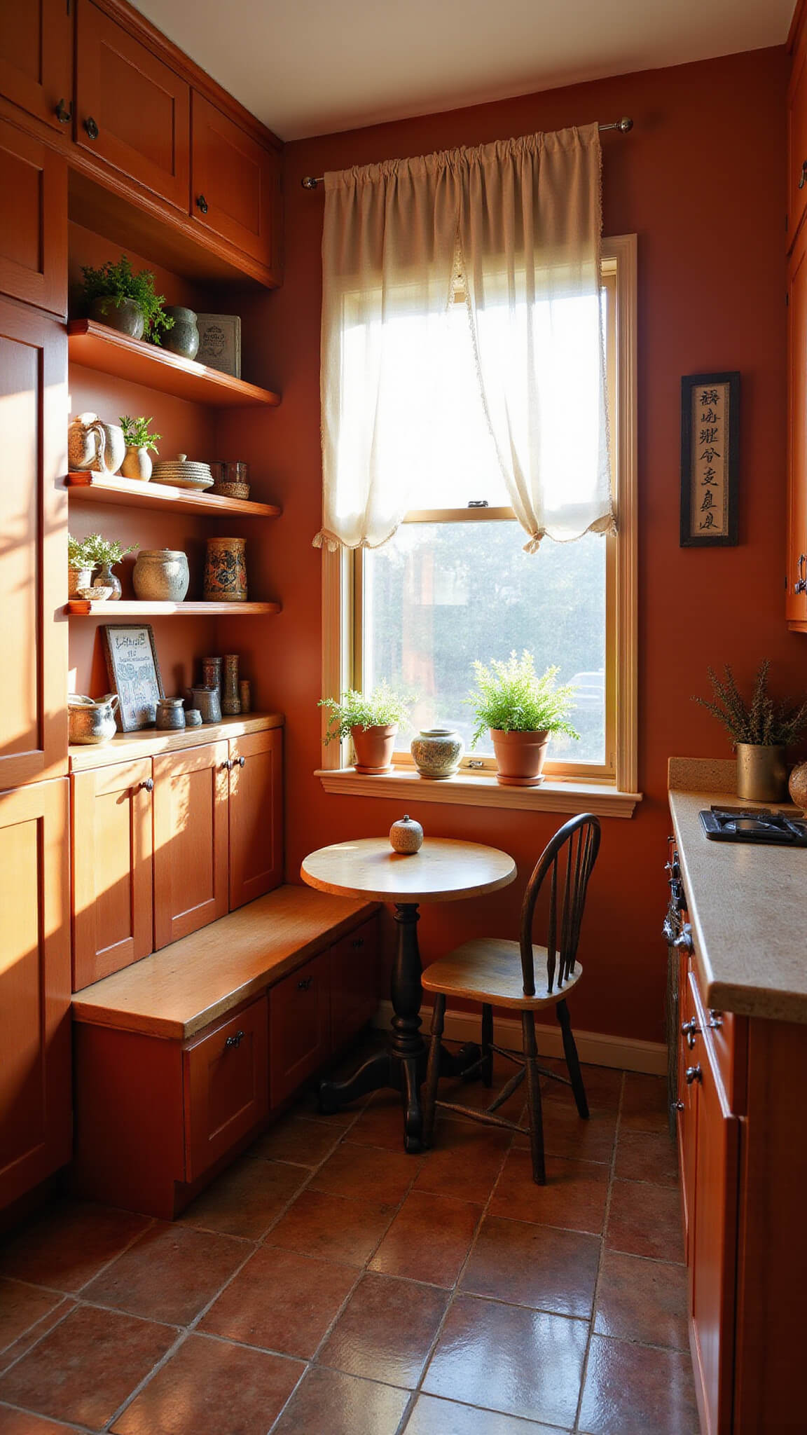 Cozy 10x12ft kitchen nook with terracotta cabinets, butcher block countertops, patterned tile floor, open shelving, small round table, and golden hour lighting.