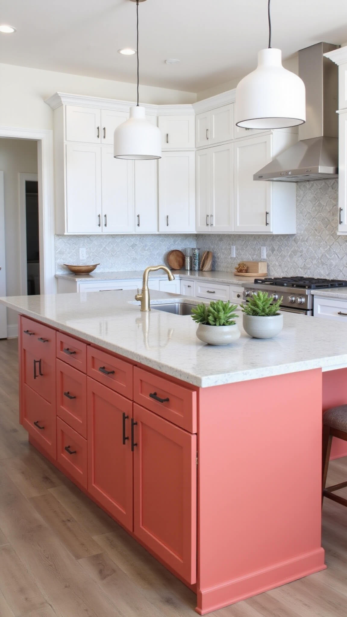 Modern open-concept kitchen with coral red and white cabinets, light gray quartz island, and geometric tile backsplash, bathed in bright midday light.