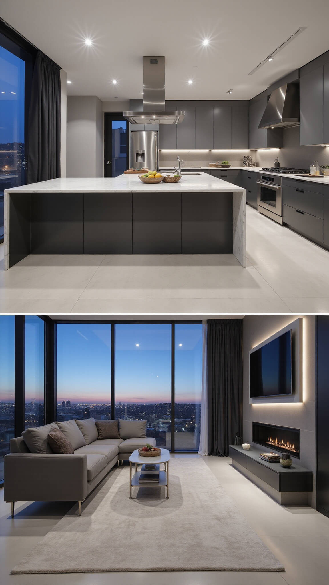 Modern open-concept kitchen and living area at dusk with gray cabinets, marble island, city views, and moody lighting.