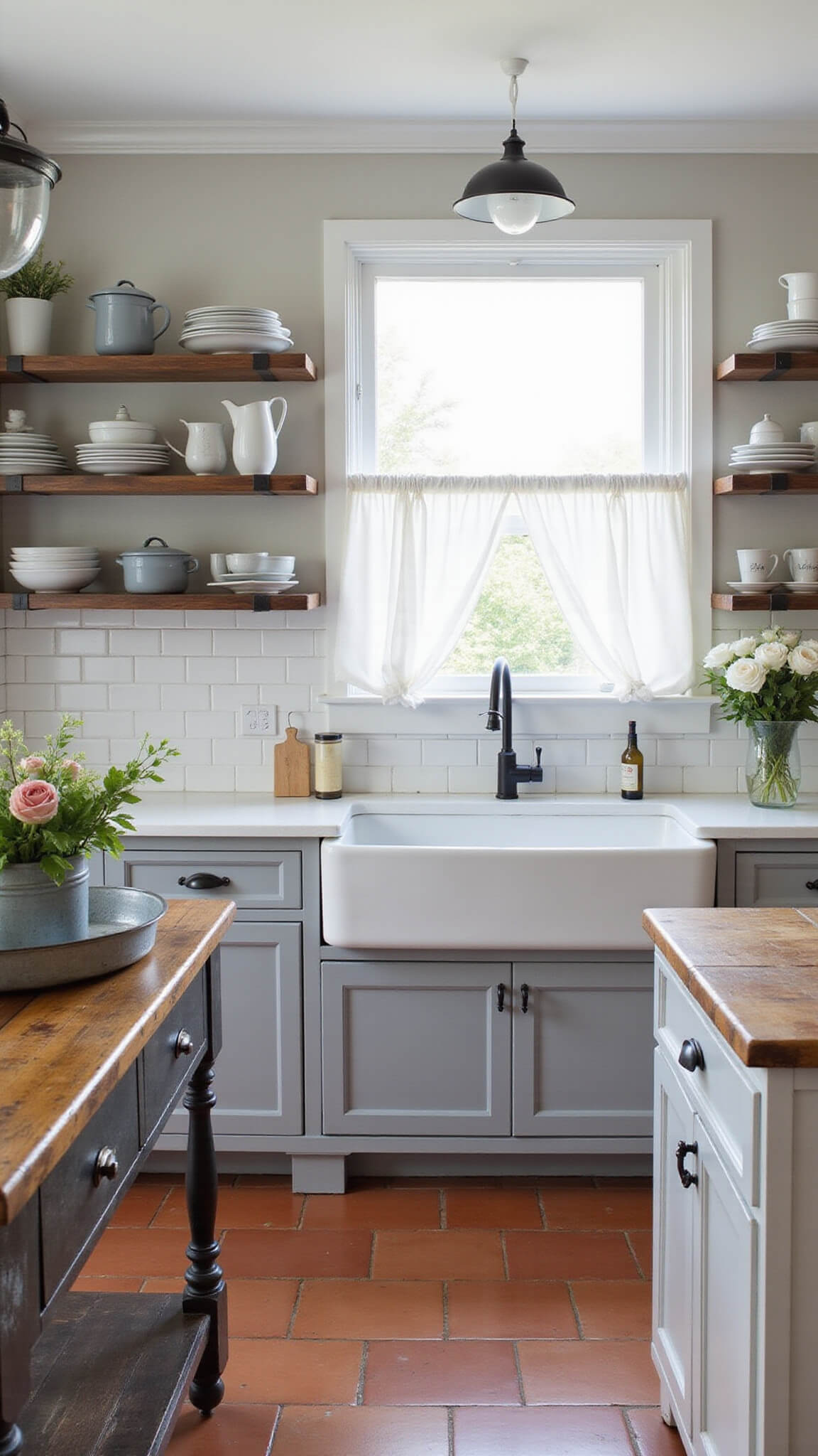 Farmhouse-style kitchen with gray beadboard cabinets, apron-front sink under window with cafe curtains, distressed wood island, and terracotta tile floors in natural morning light.