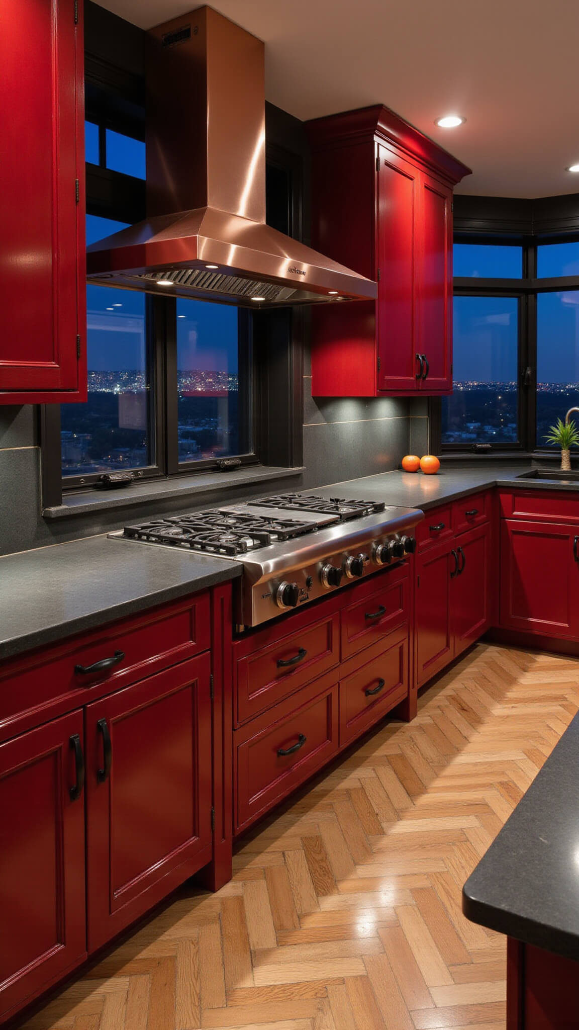 Luxurious chef's kitchen with cherry red cabinets, concrete countertops, copper range hood, and city view at dusk.
