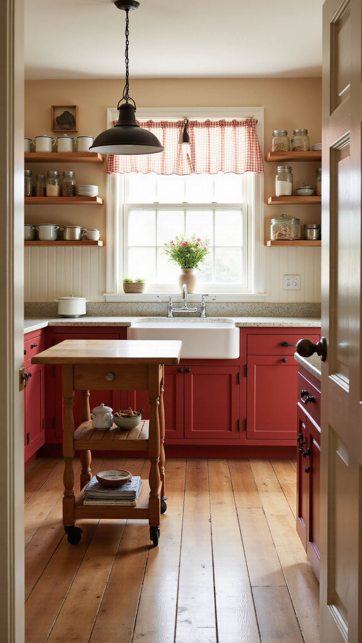 Cozy country kitchen with barn red cabinets, farmhouse sink under large window, vintage decor on open shelves, and butcher block island on pine floors.