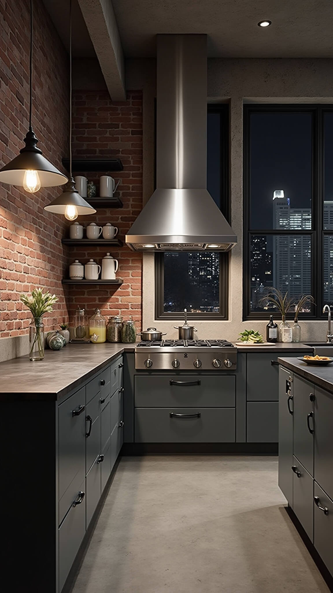 Industrial-chic kitchen at night with concrete floors, exposed brick walls, dark gray cabinets, stainless steel range hood, pendant Edison lights over zinc island, and city lights through factory window.