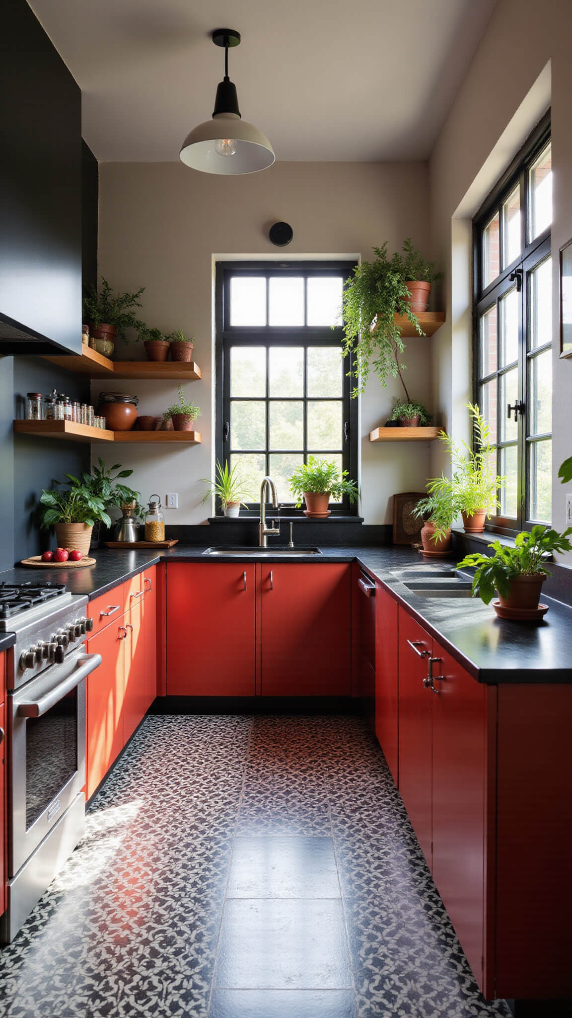 Eclectic 16x18ft kitchen with tomato red cabinets, black soapstone countertops, patterned cement tile floor, vintage light fixtures, open shelves of global cookware, chalkboard wall, and potted plants in afternoon light.