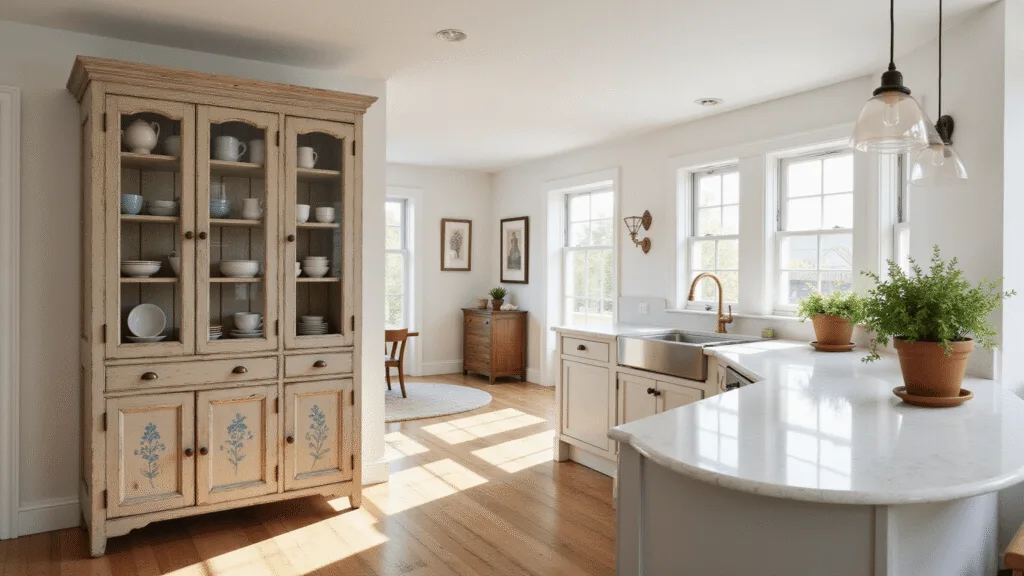 "Antique Swedish pine kitchen cabinet with blue floral motifs in a bright farmhouse kitchen with modern appliances and natural sunlight"