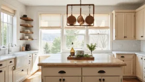 "Modern rustic kitchen with beige Shaker cabinets, butcher block island, copper pot rack, and natural light from large windows"
