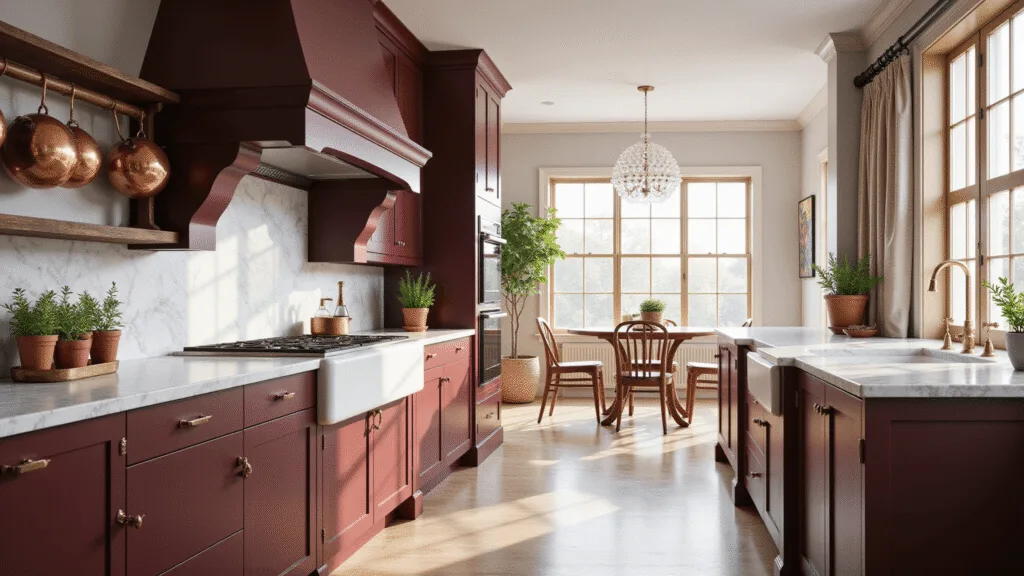 "Luxurious burgundy kitchen with white marble countertops, copper pots, fresh herbs, and warm morning light streaming through floor-to-ceiling windows"