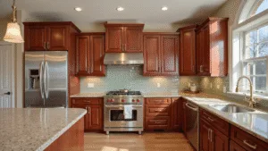 "Luxury kitchen with cherry wood cabinets, granite countertops, and stainless steel appliances bathed in warm sunlight"
