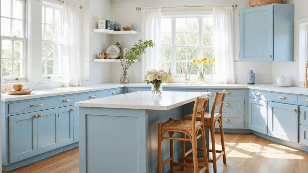 "Sunlit coastal kitchen with powder blue cabinets, white marble countertops, a wood island, and rattan bar stools"