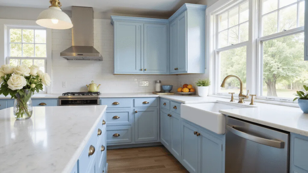 "Light blue shaker-style kitchen cabinets with marble countertops and brass hardware, bathed in morning sunlight streaming through the windows, creating an elegant coastal atmosphere"