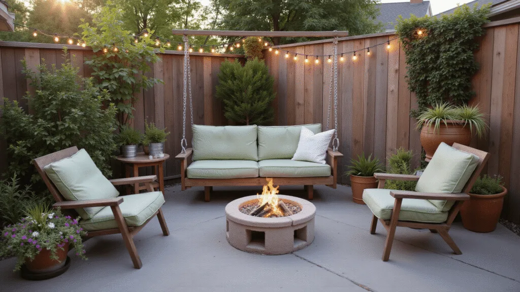 "Cozy backyard oasis with DIY elements like a wooden porch swing, cinder block fire pit, and vintage planters during golden hour"