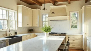 "A farmhouse-style kitchen with cream cabinets, brass hardware, marble countertops, and natural wood accents in warm morning sunlight."