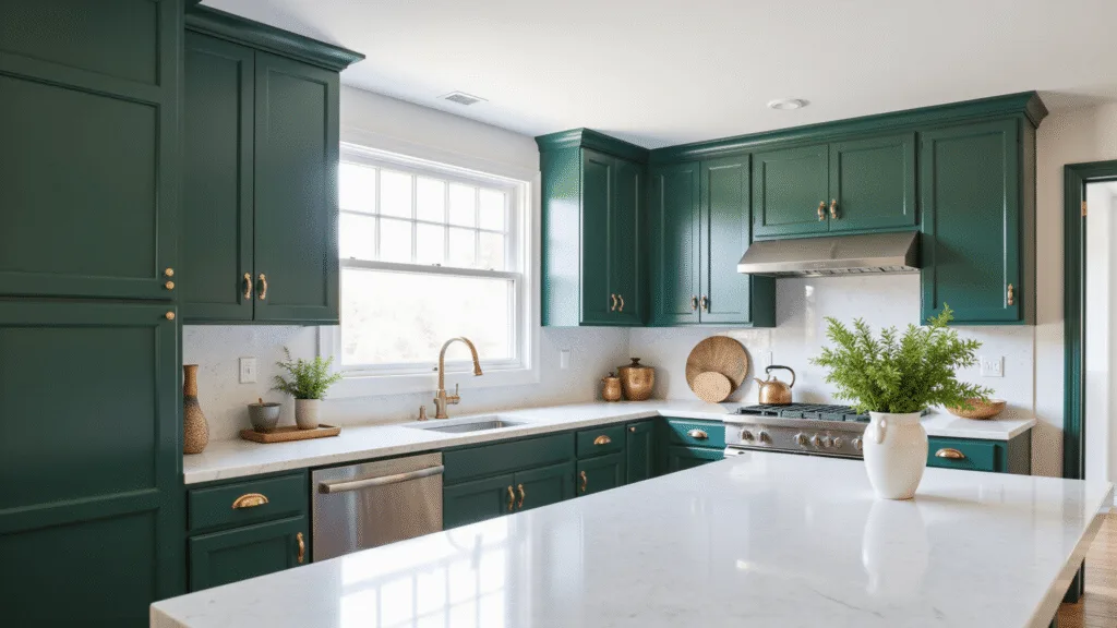 "Sophisticated kitchen design with dark green cabinets, brass hardware, marble countertops, and soft natural light"