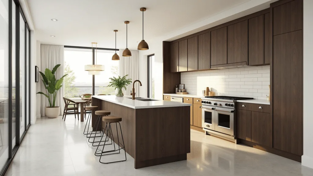 "Modern kitchen with dark oak cabinets, white quartz countertops, brass pendant lights, and a central island under natural sunlight"
