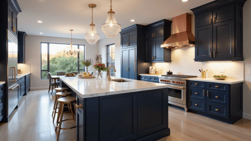 "Elegant navy blue kitchen with marble island, gold hardware, and warm evening light"