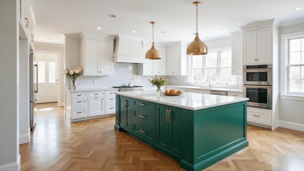 "Luxurious emerald green kitchen interior with white marble countertops, brass hardware, herringbone floors bathed in soft morning light"