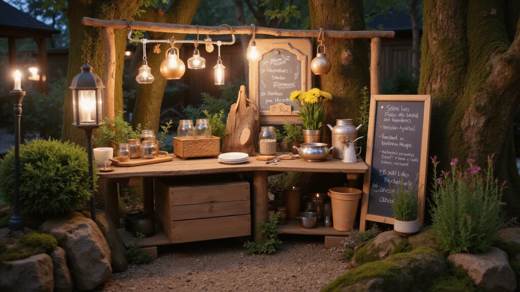 "Twilight garden play space featuring an enchanted mud kitchen with rustic wooden workbench, vintage cooking utensils, illuminated by fairy lights, surrounded by mossy stones and wildflowers, with dreamy bokeh effect."