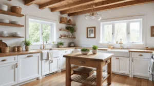 "Farmhouse kitchen with white shaker cabinets, natural wood island, brass hardware, apron sink, exposed beams, and morning sunlight creating a cozy atmosphere"