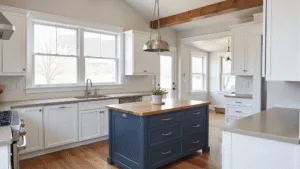 "White farmhouse kitchen with navy blue island and butcher block countertop in morning sunlight"