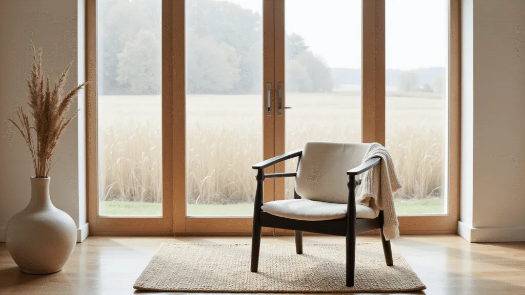 "Japandi-style accent chair in a sunlit living room corner with floor-to-ceiling windows, jute rug, and minimalist decor."