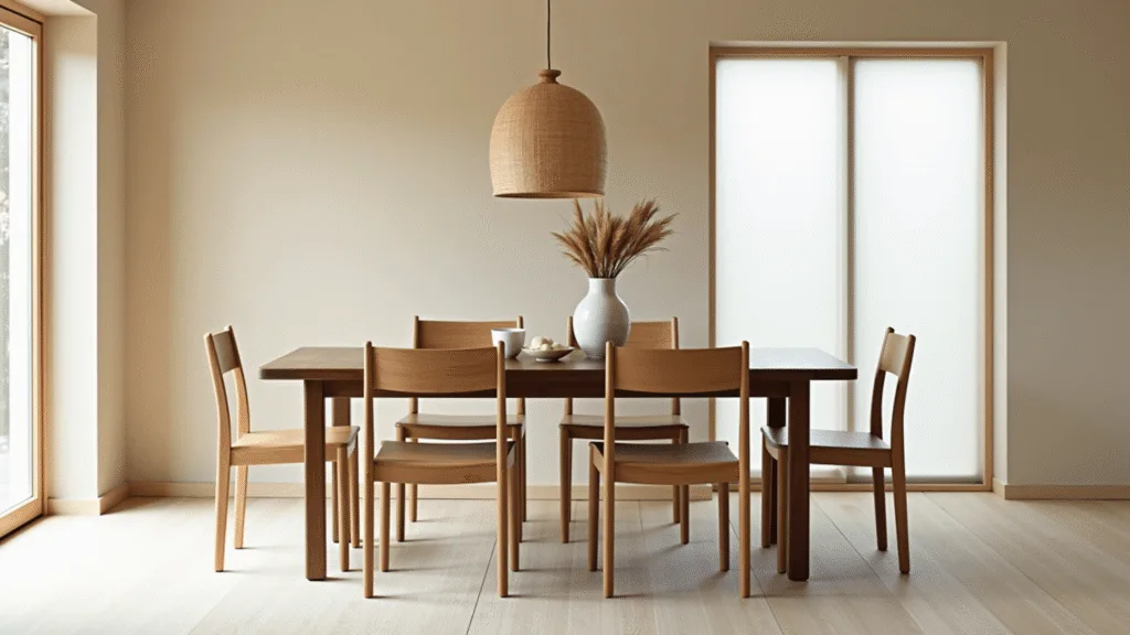 "Japandi dining room with walnut table, oak chairs, beige walls, and bamboo pendant light in morning sunlight"