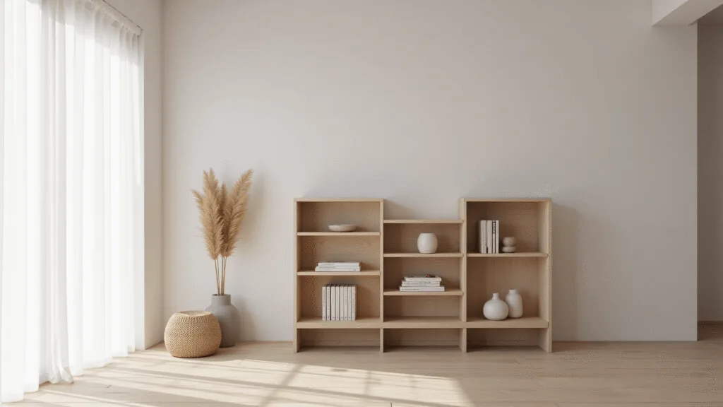 "Minimalist Japandi-style living room with light oak bookshelf, neutral toned decorations and soft morning light"