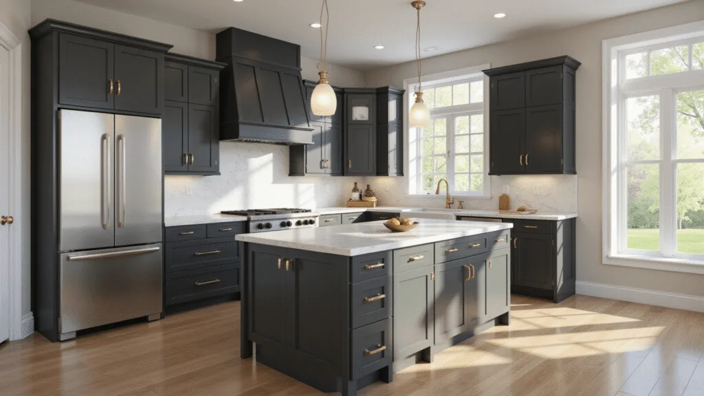 "Luxurious modern kitchen with charcoal gray cabinets, white marble countertops, brass hardware, wood floors, and morning sunlight streaming in through large windows"