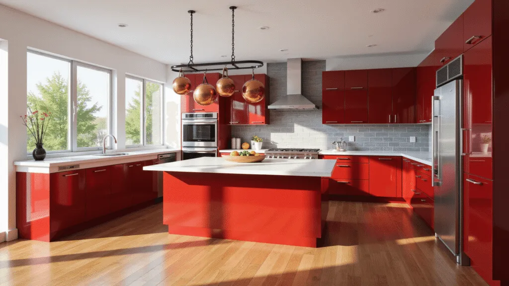 "Spacious modern kitchen with red cherry cabinets, white quartz countertops, and stainless steel appliances under natural sunlight"